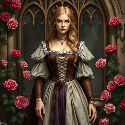 Prompt: an English princess in a 8th century dress standing in front of a window with roses around her. Anne Stokes, fantasy art, highly detailed digital painting, a character portrait