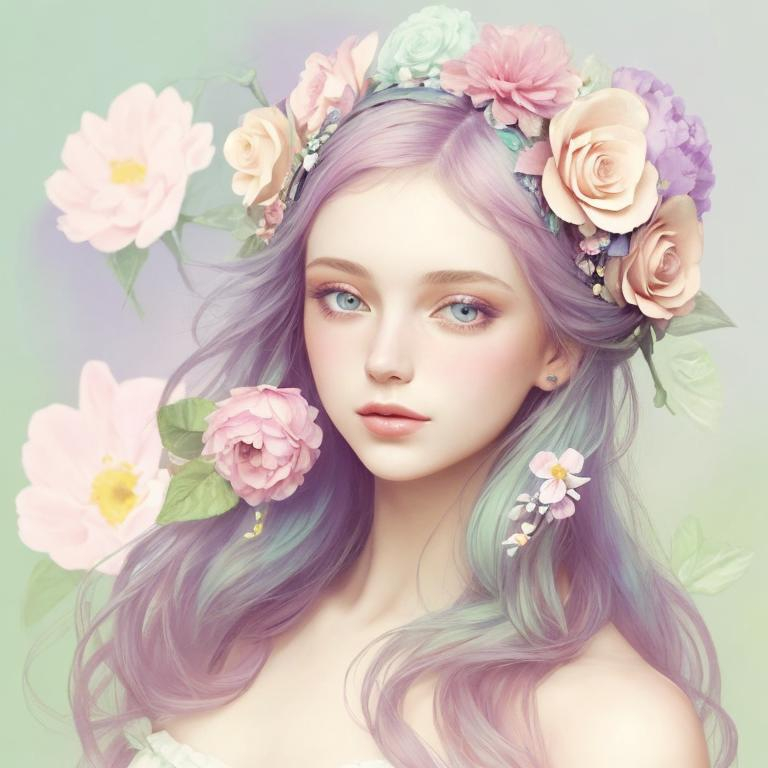 Prompt: Beautiful creation, woman with flowers in her hair, pastel colors