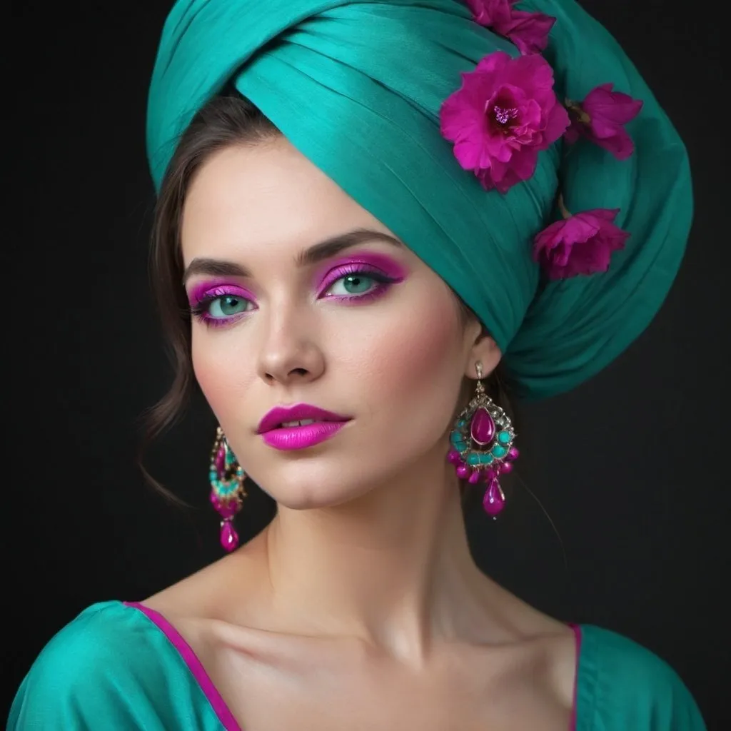 Prompt: A beautiful woman in colors of turquoise and magenta