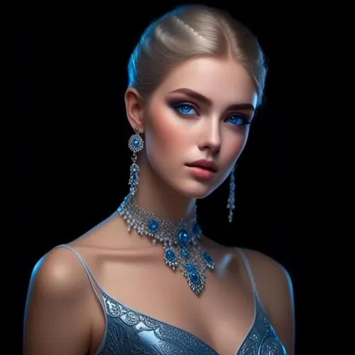 Prompt: <mymodel>A beautiful woman, white hair, blue eyes, blue eyeshadow, blue jewels o