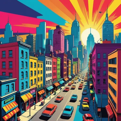 Prompt: Vibrant pop art illustration of a flamboyant cityscape, bold and lively colors, comic book style, retro pop culture references, exaggerated perspectives, high energy, best quality, vivid, dynamic, pop art, comic book style, vibrant colors, retro, exaggerated, lively, cityscape, energetic, professional, dynamic lighting