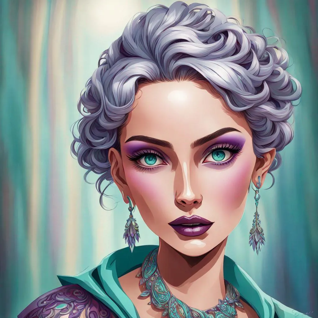 Prompt:  illustration of a young woman with beautiful silver hair, aqua and purple tones, elaborate jewelry, detailed makeup, colorful attire