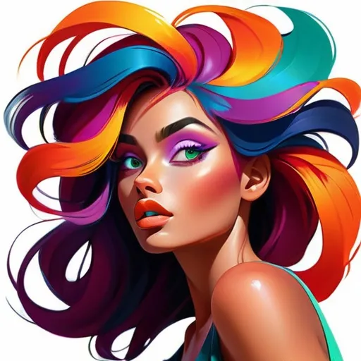 Prompt: Colorful lady, vibrant, energetic, modern digital illustration, bright and bold colors, flowing vibrant hair, expressive eyes, dynamic pose, high quality, digital art, contemporary, lively color palette, vivid lighting
