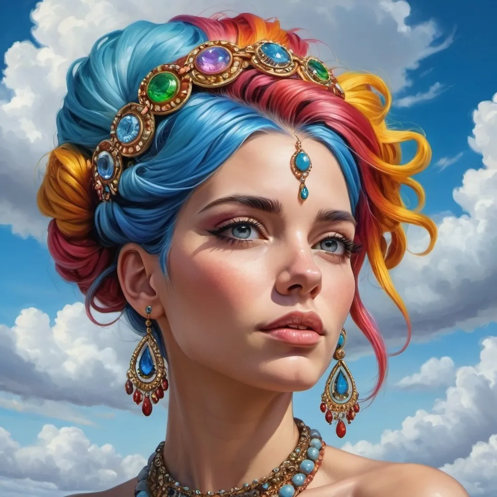 Prompt: a painting of a woman with colorful hair and jewelry on her head and a sky background with clouds and blue sky, Edwin Georgi, fantasy art, highly detailed digital painting, a hyperrealistic painting