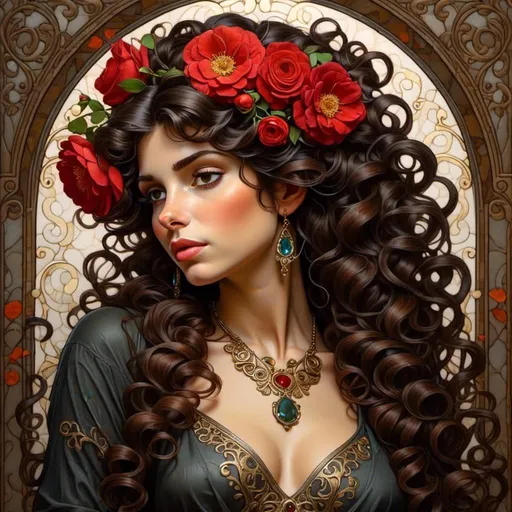 Prompt: <mymodel> a woman with flowers in her hair and a necklace on her head and a flower in her hair and a necklace on her head, Anne Stokes, gothic art, highly detailed digital painting, a detailed painting