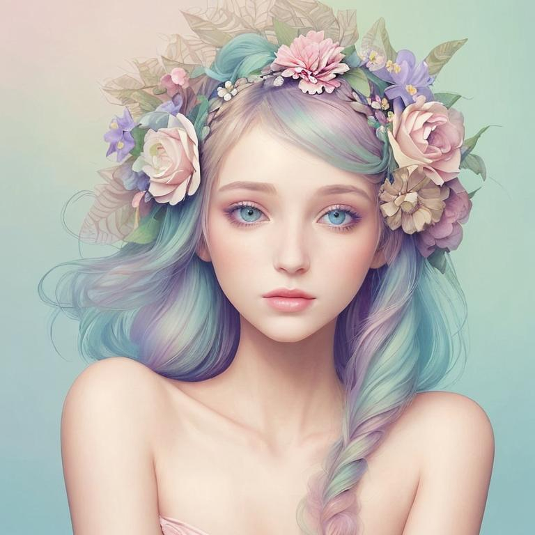 Prompt: Beautiful creation, woman with flowers in her hair, pastel colors