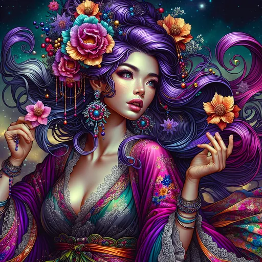 Prompt: a woman with purple hair and flowers in her hair, wearing a colorful dress and earrings, with a flower in her hair, Artgerm, fantasy art, highly detailed digital painting, a pop art painting