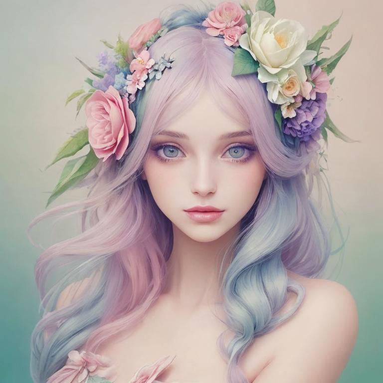 Prompt: Beautiful creation, woman with flowers in her hair, pastel colors