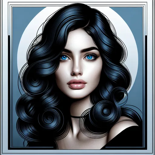 Prompt: a woman with blue eyes and black hair with a blue background and a white frame with a black border, Arabella Rankin, computer art, realistic shaded perfect face, a pop art painting