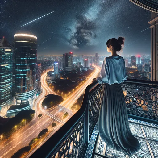 Prompt: A woman standing on a balcony staring at a starry sky. There is a city below her