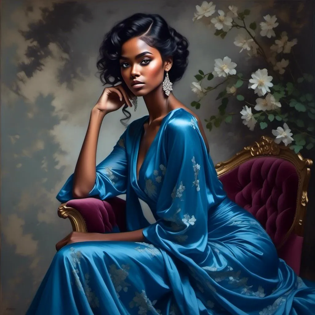 Prompt: <mymodel> Lady in blue, oil painting, flowing blue gown, serene expression, elegant posture, detailed hair and accessories, high quality, realistic, cool tones, soft lighting