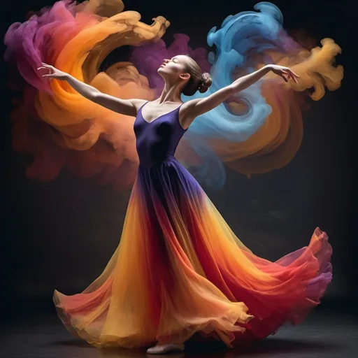 Prompt: A stunning digital artwork depicting a graceful ballerina in mid-pose, captured at the peak of her movement. She wears a magnificent, flowing dress that appears to be made of swirling, colourful smoke or liquid, creating a dynamic and ethereal effect. The dress transitions through a spectrum of vibrant colours, from deep purples and blues to fiery reds, oranges, and yellows, which seem to trail behind her as she dances. Her poised stance and the fluidity of her attire convey a sense of elegance and motion, with the dark background further emphasizing the bright, explosive colours of the dress. The image beautifully captures the essence of ballet combined with a surreal, almost magical atmosphere.