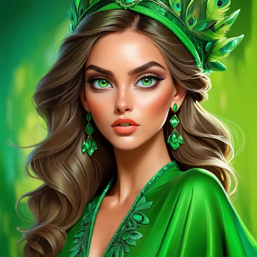 Prompt: <mymodel>Detailed illustration of a woman in vibrant green attire, large vivid green eyes, elegant makeup, digital painting, high resolution, realistic style, vibrant green, professional lighting