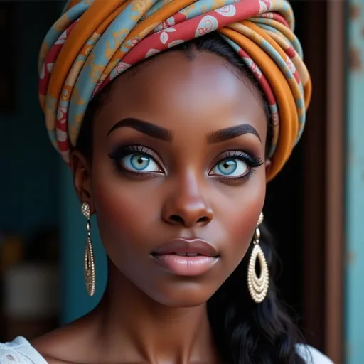 Prompt: A black woman with light blue eyes. She is wearing a colorful turban.