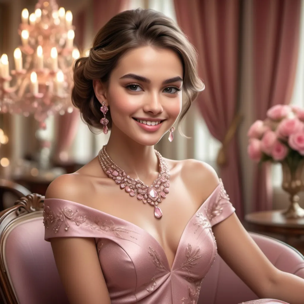 Prompt: elegant lady, sophisticated attire, shimmering pink dress adorned with intricate embellishments, poised posture, engaging smile, luxurious accessories including a sparkling necklace and delicate earrings, soft lighting accentuating her features, romantic ambiance, elegant background with opulent furnishings, warm color tones creating a welcoming atmosphere, ultra-detailed, photorealistic quality, capturing the essence of elegance and charm.