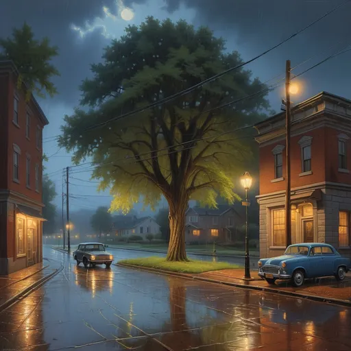 Prompt:  a tree on a rainy street at night with a car parked on the side of the road, Evgeny Lushpin, american scene painting, highly detailed oil painting, a photorealistic painting