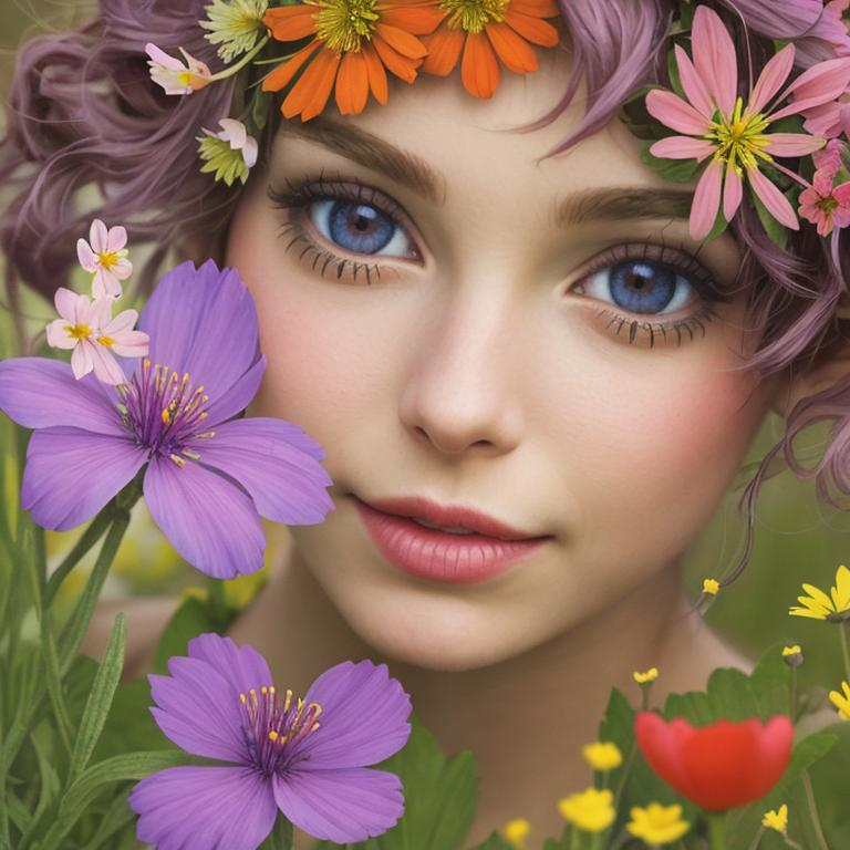 Prompt: a fairy of spring, ,wildflowers, vivid colors,  facial closeup