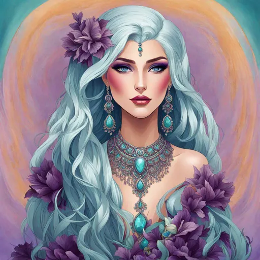 Prompt:  illustration of a young woman with beautiful silver hair, aqua and purple tones, elaborate jewelry, detailed makeup, colorful attire