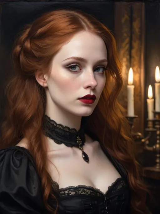 Prompt: Profile portrait of a gothic woman, oil painting, flowing ginger hair, pale skin, intense gaze, red lipstick, dark eyeshadow, elegant Victorian attire, high quality, realistic, gothic, moody lighting, dark tones, detailed lace, atmospheric, haunting beauty, professional