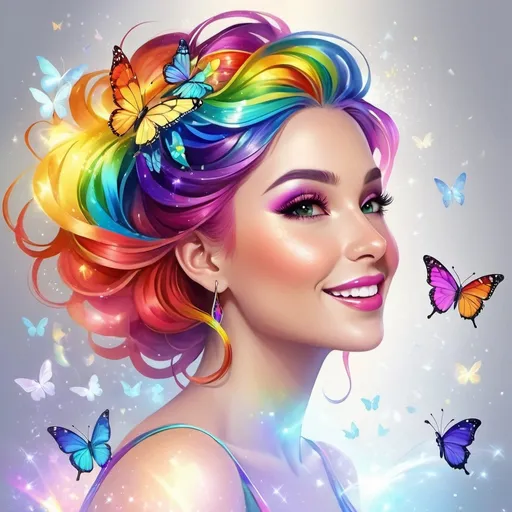 Prompt: (rainbow lady), vibrant colors, flowing multicolored hair, whimsical attire accentuated with geometric patterns, ethereal background with swirling hues, uplifting atmosphere, enchanting smile, surrounded by luminous butterflies, sparkling light effusions, magical feel, (4K), ultra-detailed, captivating composition, cheerful mood, reminiscent of a fairytale.