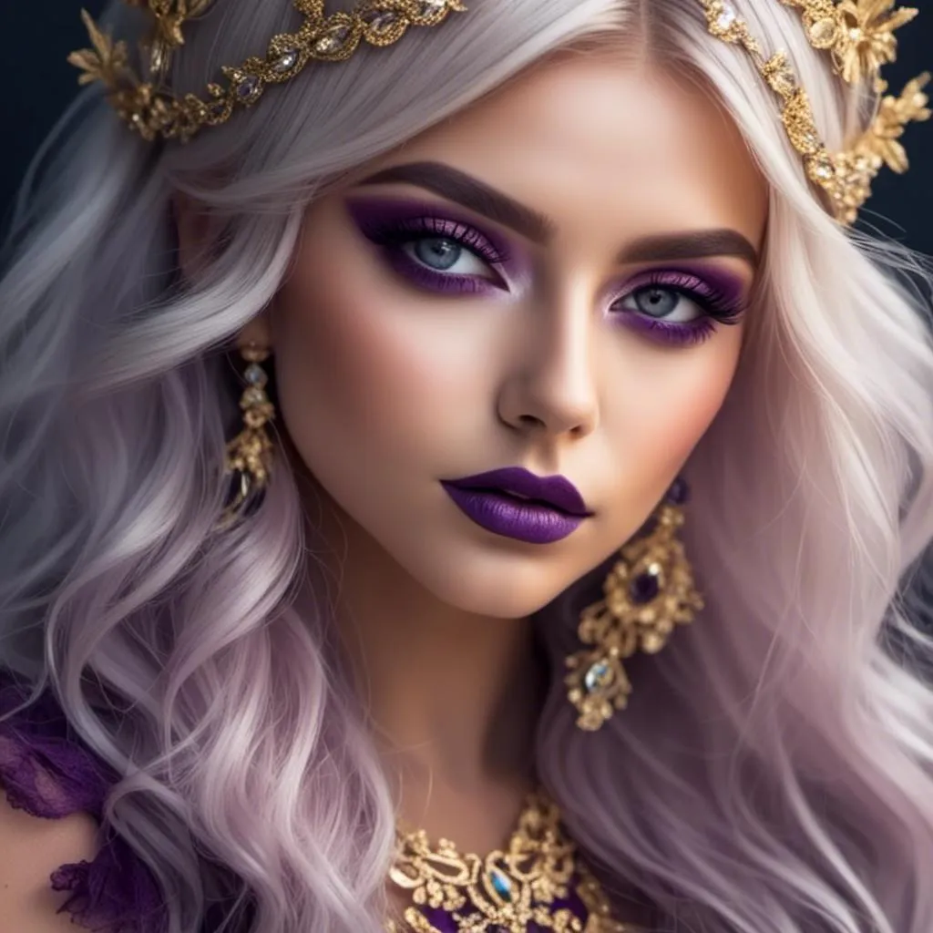 Prompt: <mymodel>Hypnotic bimbo  platinum  blonde   gold lips and purple eyeshadow 