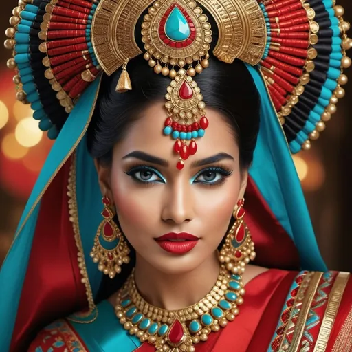 Prompt: A striking portrait unveils a regal figure adorned in elaborate traditional attire, characterized by a vibrant, intricately designed headdress that boasts brilliant reds and blues set against a backdrop of deep black. The model's captivating makeup features bold turquoise eyeshadow framing large, expressive eyes, complemented by ruby-red lips that exude confidence and allure. Ornate gold jewelry, including large earrings and a layered necklace embellished with colorful stones, accentuates her elegance, drawing the viewer's gaze. The smooth satin drape of her clothing adds depth and richness to the scene, enhancing the overall opulence. This visually stunning image conveys a sense of cultural heritage and modern beauty, blending tradition with contemporary flair.