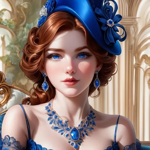 Prompt: Beautiful woman with blue eyes & Auburn hair, blue jewelry, intricate oval face, elegant & elaborate blue formal dress with velvet and lace detailing, blue milliner's hat, fair skin, upturned nose, full bosomy figure, blue high heels, sitting for a portrait, 8k, realistic, elegant, detailed, formal attire, intricate jewelry, portrait sitting, blue color scheme, fair complexion, exquisite hair, high-quality lighting