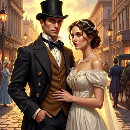 Prompt: This is a highly detailed, digital illustration in a realistic, Victorian-era style. The image features a young couple standing on a cobblestone street in a bustling urban setting during sunset. The man, with fair skin and brown hair, wears a black top hat, a dark brown three-piece suit with gold buttons, a white shirt, and a striped tie. He has a serious expression and his right hand is gently holding the woman's waist. The woman, with fair skin and dark hair styled in an updo with pearl hairpins, wears an off-the-shoulder, white, pinstriped gown adorned with gold embroidery and a pearl necklace. She has a soft, contemplative expression and her left hand rests on the man's chest. 

In the background, there are several people dressed in Victorian-era clothing, including a woman in a blue dress and bonnet and a man in a dark suit. A horse-drawn carriage is partially visible to the right, and street lamps cast a warm, golden light. The buildings are multi-story with large windows and a mix of stone and brick textures. The overall color palette is warm, with shades of brown, gold, and white, creating a nostalgic and romantic atmosphere.