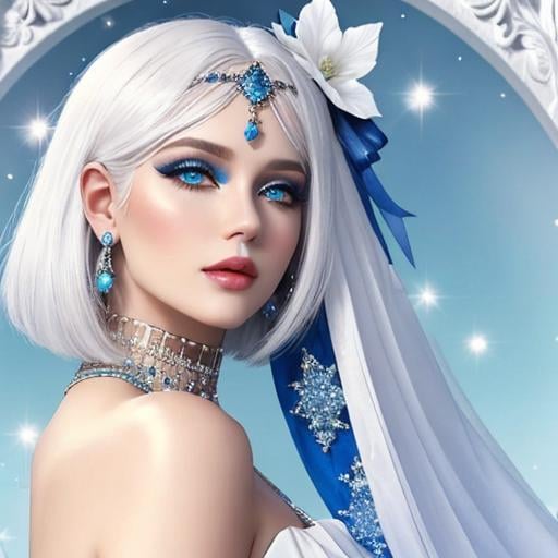 Prompt: A beautiful woman, white hair, blue eyes, blue eyeshadow, blue jewels o