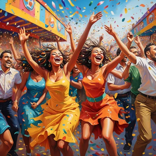 Prompt: Joyous celebration in a vibrant carnival, lively and colorful, oil painting, confetti-filled air, cheerful crowd, dynamic brushstrokes, high energy, festive atmosphere, vibrant colors, lively characters, dynamic composition, carnival art, oil painting, 4k, ultra-detailed, vibrant, dynamic brushstrokes, lively, festive, colorful, high energy, oil painting, dynamic composition
