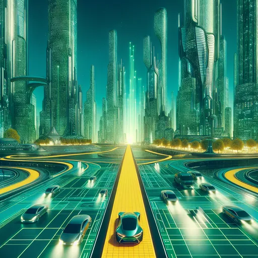 Prompt: A futuristic city with flying cars of The Emerald City Of Oz with the Yellow Brick Road