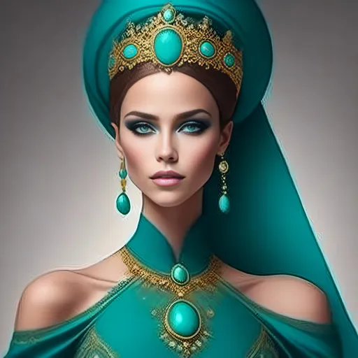 Prompt: <mymodel>An extremely gorgeous woman,  with turquoise jewels, in color scheme of turquoise and gold