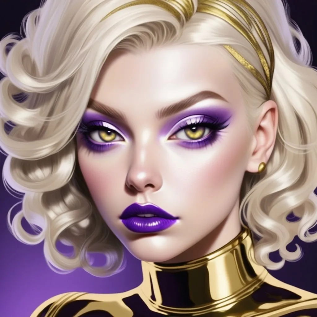 Prompt: Hypnotic bimbo  platinum  blonde   gold lips and purple eyeshadow 