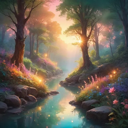 Prompt: (ethereal glow), luminous light radiating, soft illumination, vivid colors, warm ambient tones, magical atmosphere, serene background, enchanting landscapes, high detail, ultra-detailed, vibrant, dreamlike scenery, shimmering reflections, calming hues, captivating visual experience