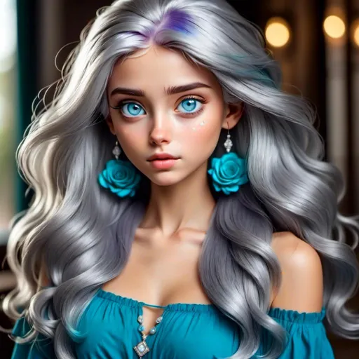 Prompt: <mymodel>Cosmic Epic Beauty, Beautiful and Gorgeous, purple roses in hair and wearing turquoise jewelry