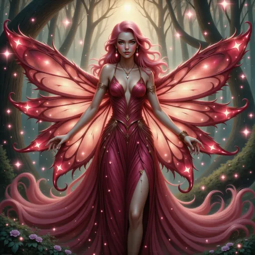 Prompt: ruby fairy goddess, enchanting and ethereal, adorned in sparkling ruby and iridescent wings, surrounded by a mystical forest filled with soft glowing orbs, warm glimmers of light illuminating her features, expression of grace and wisdom, highly detailed textures, enchanting atmosphere, deep crimson and emerald tones, ultra-detailed, high-quality illustration, magical and whimsical vibe.