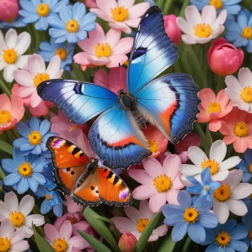 Prompt: A butterfly sitting on spring flowers