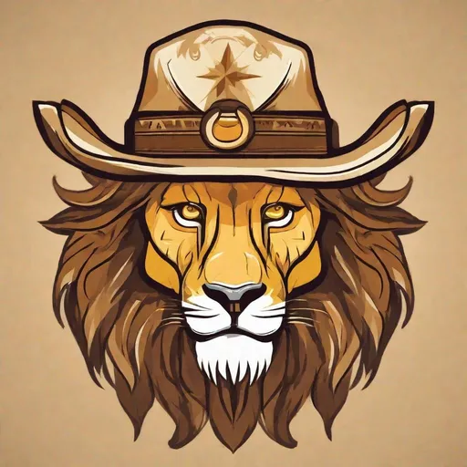 Prompt: A stylized lions head  wearing a cowboy hat in colors of tan, brown and yellow