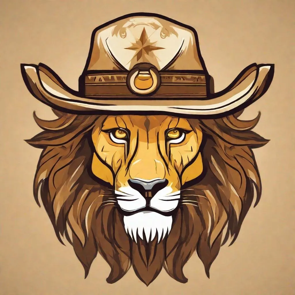 Prompt: A stylized lions head  wearing a cowboy hat in colors of tan, brown and yellow