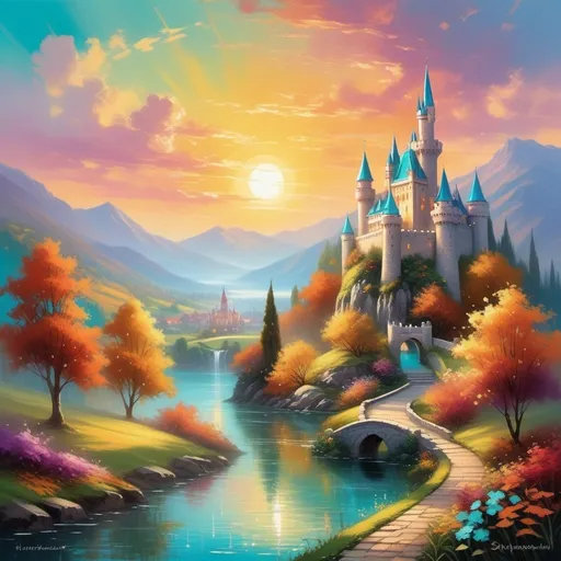 Prompt: Bathed in the warm glow of a sunset, a majestic castle rises amidst verdant hills, its towers capped with vibrant turquoise spires. Reflecting in the tranquil waters below, a large, ethereal visage of a woman seamlessly merges with the castle, her features radiant and serene, adding a mystical quality to the scene. Lush gardens brimming with colorful flowers frame a winding pathway that leads toward the inviting water, while trees painted in autumn hues stand as guardians of this enchanting realm. The overall atmosphere is one of magical beauty and harmony, inviting viewers into a fairy-tale landscape where nature and fantasy intertwine.