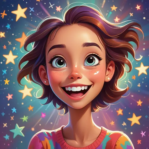 Prompt: Colorful cartoon illustration of a joyful girl with twinkling stars in the background, vibrant and lively colors, playful and cheerful expression, whimsical artistic style, cartoon, colorful, vibrant, joyful, twinkling stars, playful expression, cheerful, whimsical, artistic style