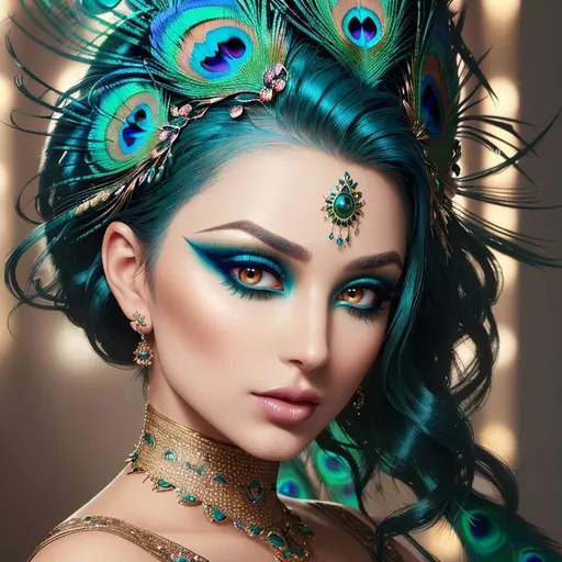 Prompt: Gorgeous woman with beautiful makeup and hair, peacock feathers in her hair, high-quality, detailed, realistic, elegant, vibrant colors, professional makeup, glamorous lighting, 4k resolution, portrait, detailed facial features, luxurious, exotic, peacock feathers, elegant hairstyle, stunning makeup, beauty shot