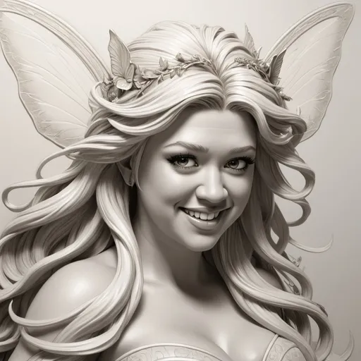 Prompt: a drawing of a buxom fairy with flowing hair and the facial composition of Kelly Clarkson, Ed Binkley, sumatraism, elden ring, concept art,3d Bas relief, white as the only color