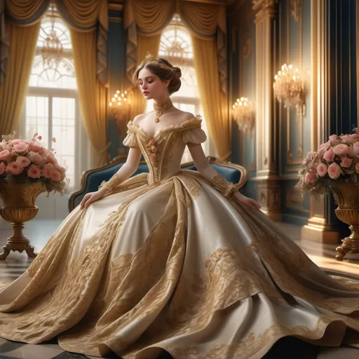 Prompt: A Victorian princess, elegantly dressed in an exquisite gown adorned with intricate lace and flowing silk, captured in a regal pose, soft natural light illuminating the scene, opulent palace background filled with golden details, lush velvet drapes, vibrant floral arrangements, a touch of whimsy and elegance, dreamlike atmosphere, ultra-detailed, 4K, capturing timeless beauty and grace.