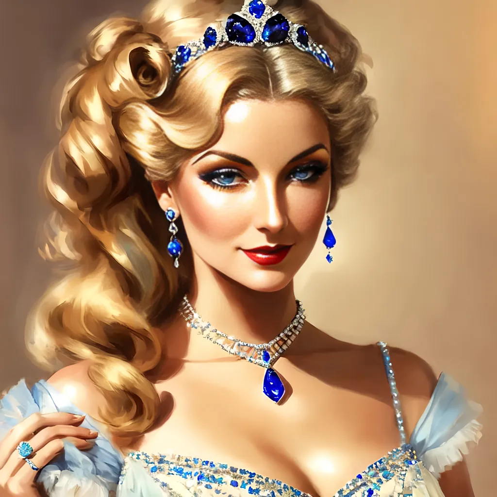 Prompt: Glamorously dressed lady of rhe 1930's wearing sapphire jewelry,blue eyes