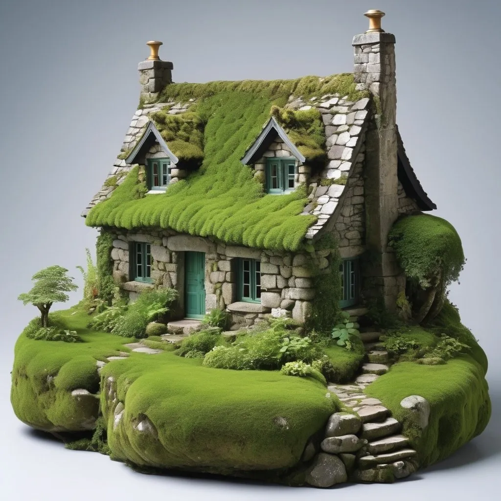 Prompt:  a majestic ancient stone cottage moss-covered , lush greenery, serene river flowing underneath