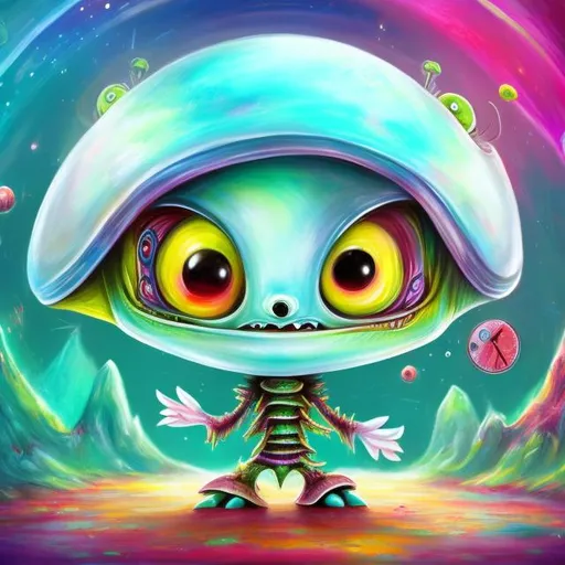 Prompt: Whimsical, cute alien with a clock on it's belly, cartoon style, vibrant colors, large expressive eyes, playful demeanor, alien landscape, otherworldly plants, best quality, high resolution, vibrant, cartoon, cute, whimsical, otherworldly, playful, expressive eyes, alien landscape, vibrant colors, professional