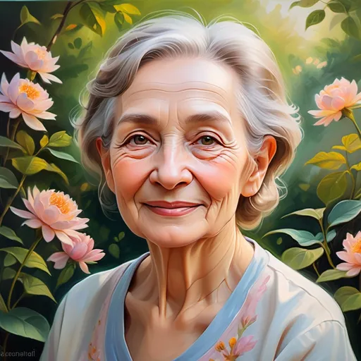 Prompt: <mymodel>Beautiful elderly woman, oil painting, serene garden setting, graceful posture, soft and warm lighting, vibrant colors, detailed wrinkles, gentle smile, high quality, oil painting, serene, graceful, vibrant colors, detailed, warm lighting, elderly, woman