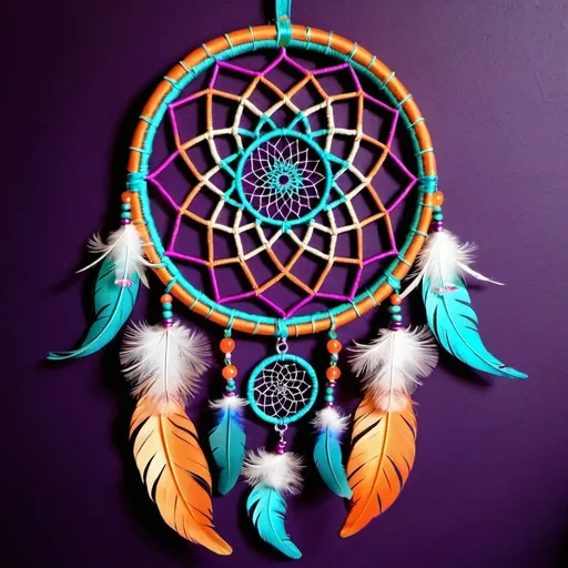 Prompt: An intricate  and elaborate dreamcatcher with feathers in colors of magenta,turquoise and orange