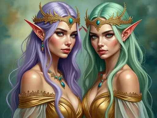 Prompt: This is a highly detailed digital painting depicting two ethereal, fantasy female elves standing side by side. Both women have long, flowing hair—one with lavender hair and the other with mint green. Their pointed ears are prominent, adding to their otherworldly appearance. They wear ornate, golden crowns adorned with turquoise gemstones that match their jewelry, including chokers, earrings, and necklaces. The lavender-haired elf is dressed in an off-shoulder, golden, intricately designed dress with a low neckline, while the mint green-haired elf wears a similar, but slightly more modest, green dress with a deep V-neck. Both dresses have a semi-transparent, gauzy texture. Their eyes are large, almond-shaped, and glowing with a blue-green hue, adding to their mystical aura. The background is a gradient of teal and dark green, with abstract, swirling patterns that enhance the magical atmosphere. The lighting is soft, highlighting their delicate features and the shimmer of their jewelry. The overall style is hyper-realistic with a fantasy art influence, showcasing exquisite attention to detail in textures, colors, and light. The image evokes a sense of elegance, magic, and otherworldliness.